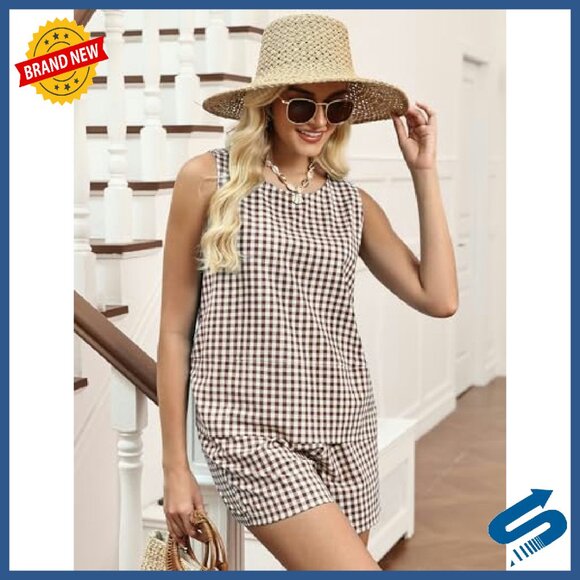 Women's 2-Piece Cotton Shorts Set with Pockets, Sleeveless Tank Top - Picture 7 of 8